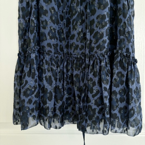 Kate Spade Metallic Silk Chiffon Leopard Print Blouse Ruffle Blue - Picture 4 of 8